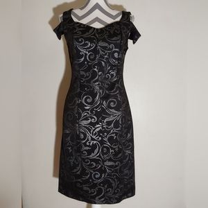 Women's Size 8 Enfocus Studio Semi Formal Black Shiny Silver Scroll Short Dress